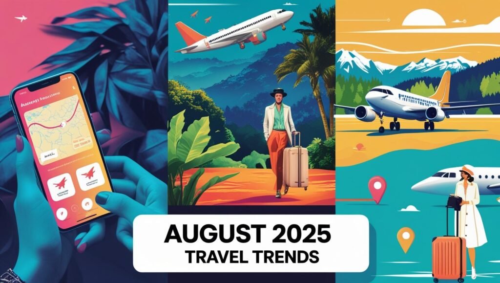 Illustrative image featuring a traveler using an AI-powered travel app, a serene luxury wellness retreat, a retro-themed airplane interior, and vibrant landscapes of emerging destinations like Shillong, Baku, and Tromsø, highlighting the top travel trends of August 2025.