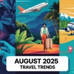 Illustrative image featuring a traveler using an AI-powered travel app, a serene luxury wellness retreat, a retro-themed airplane interior, and vibrant landscapes of emerging destinations like Shillong, Baku, and Tromsø, highlighting the top travel trends of August 2025.