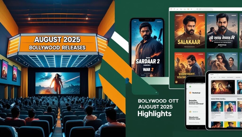 Split-screen featuring a cinema marquee for August 2025 Bollywood releases on the left and streaming device thumbnails for top OTT series on the right.