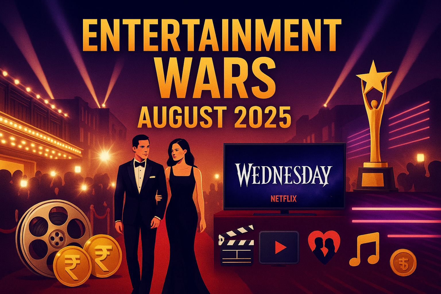 Cinematic collage of August 2025 entertainment highlights featuring red carpet celebrities, Netflix's Wednesday screen, award trophy, film reel, and ₹ symbols representing movies, streaming, and music industry news.