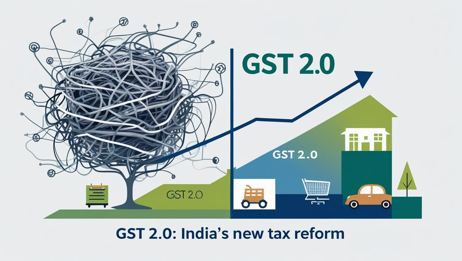 Infographic explaining the simplification of Indias tax system with GST 2 0 showing icons for lower prices on goods and an upward graph for economic growth
