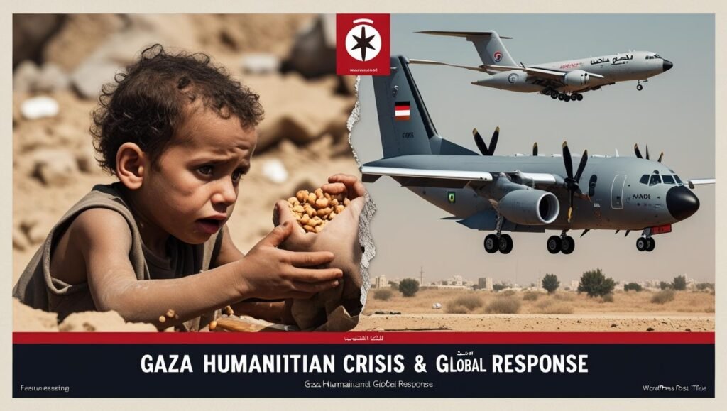 Split-scene image of a malnourished Gaza child reaching out for food on the left and a German A400M aircraft dropping aid pallets over Gaza on the right