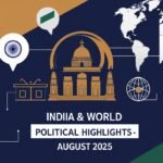 Illustrated featured image showing Indian Parliament silhouette, Indian flag icons, world map, and symbols like ballot boxes and handshake to represent major political events in India and internationally during August 2025, without featuring any leader’s photograph.