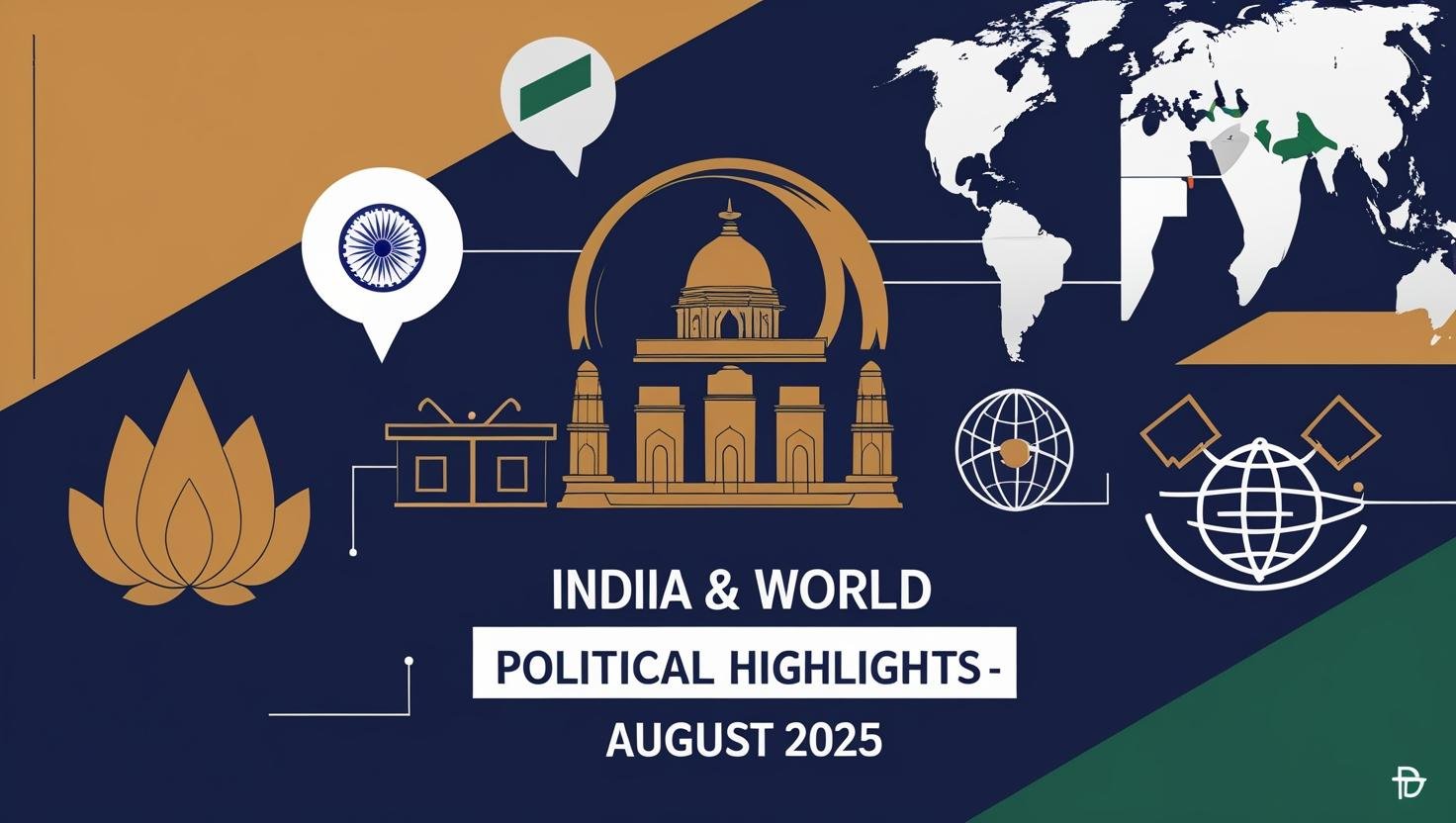 Illustrated featured image showing Indian Parliament silhouette, Indian flag icons, world map, and symbols like ballot boxes and handshake to represent major political events in India and internationally during August 2025, without featuring any leader’s photograph.
