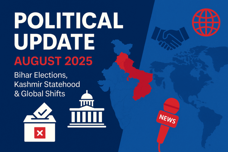 Political update for August 2025 highlighting Bihar elections, Kashmir statehood developments, and global political shifts with maps and icons