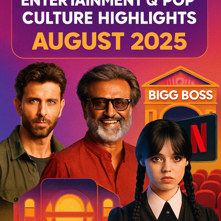 Collage of August 2025 entertainment highlights featuring Hrithik Roshan Rajinikanth Jenna Ortega Netflix Bigg Boss and