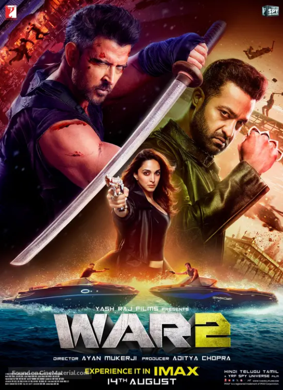 War 2 movie poster 2025 featuring Hrithik Roshan, Jr NTR and Kiara Advani in a high-octane Bollywood action thriller