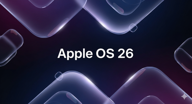 A futuristic graphic for the Apple OS 26 guide showing abstract translucent shapes and the new Liquid Glass design on a dark background