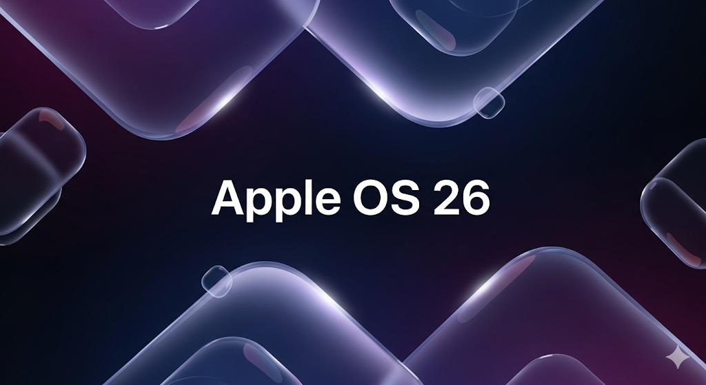 A futuristic graphic for the Apple OS 26 guide showing abstract translucent shapes and the new Liquid Glass design on a dark background