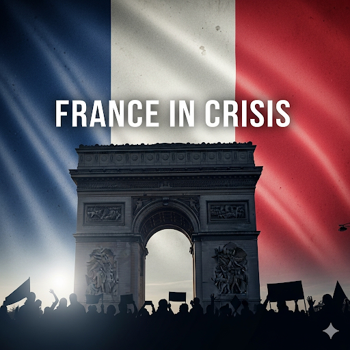 An illustration of the political crisis in France showing protesters in Paris with a dramatic French flag in the background