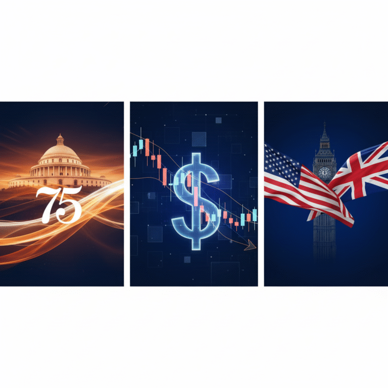 A graphic collage representing top news stories from India and the world including politics and finance