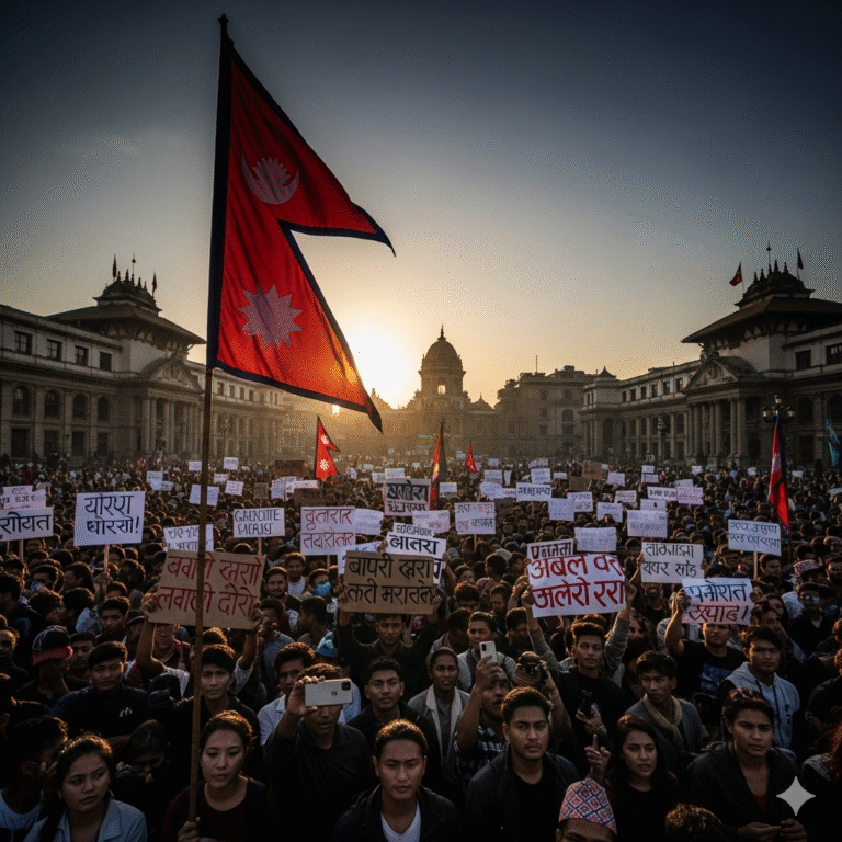 Young Nepali protesters marching in the streets of Kathmandu during the political crisis