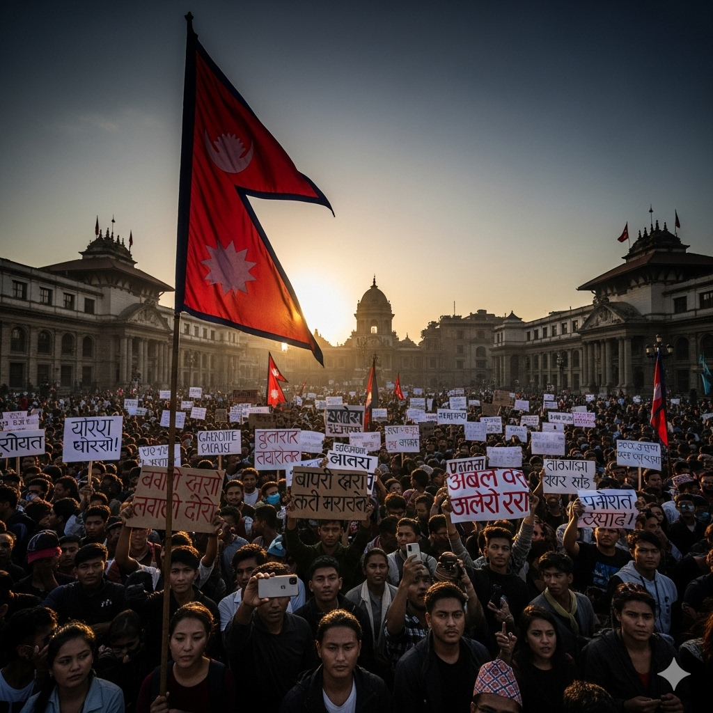 Young Nepali protesters marching in the streets of Kathmandu during the political crisis