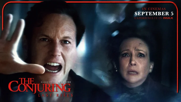 Patrick Wilson and Vera Farmiga as Ed and Lorraine Warren in The Conjuring Last Rites movie poster