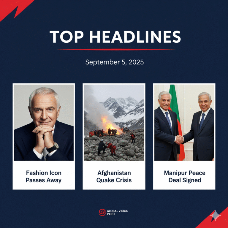 News broadcast graphic with top headlines for September 5 2025 featuring Giorgio Armani, Afghanistan earthquake, and Manipur peace deal.