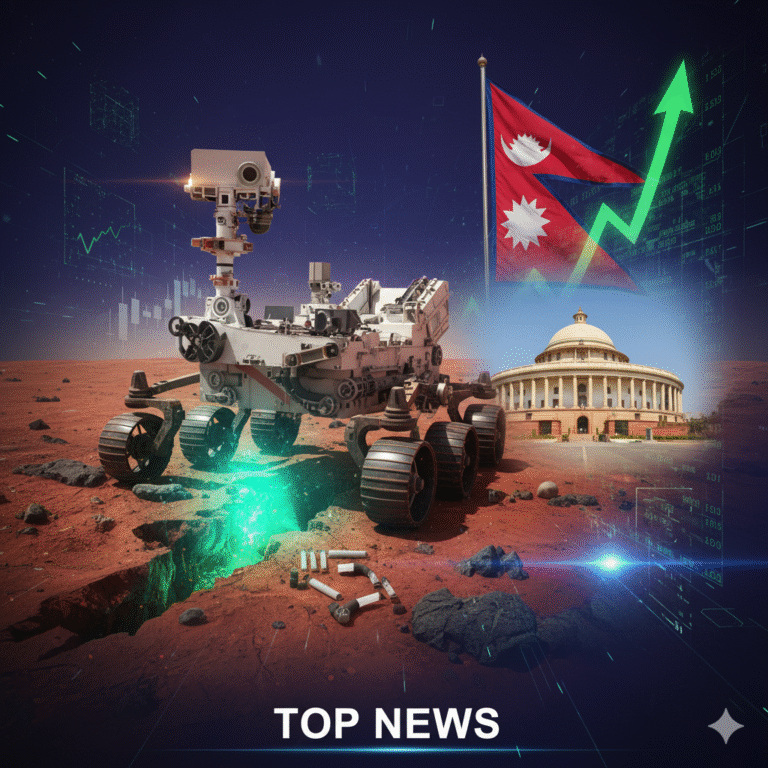 A news graphic collage showing the NASA Perseverance rover on Mars the Indian Parliament building and the flag of Nepal representing top world news stories for September 2025