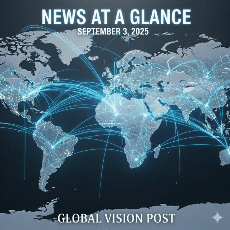 A news graphic for September 3 2025 showing the Indian Parliament a rising stock market graph and global headlines