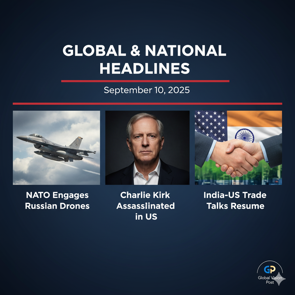 A news graphic for September 10 2025 showing a portrait of Charlie Kirk a NATO jet engaging Russian drones and the flags of India and the US symbolizing trade talks
