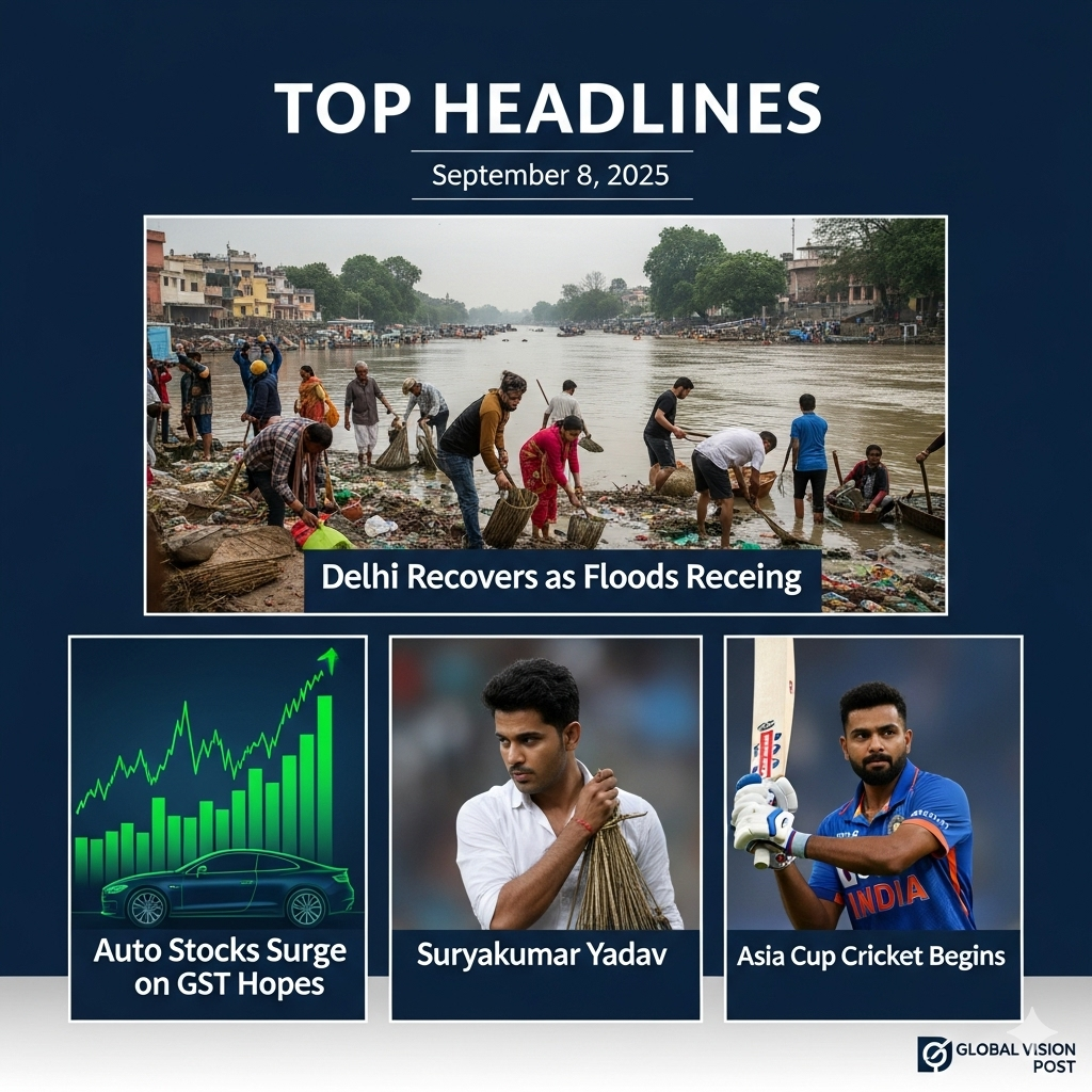 A news graphic for September 8 2025 showing Delhi residents cleaning up after floods a rising stock market chart over a car and Indian cricket captain Suryakumar Yadav