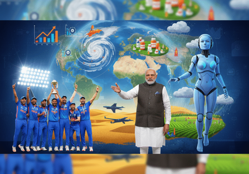 Digital collage of PM Modi announcing Rajasthan projects Indian cricket team lifting Asia Cup trophy and ISRO Vyommitra robot against global map with business health and environment icons for September 25-29 2025 news digest