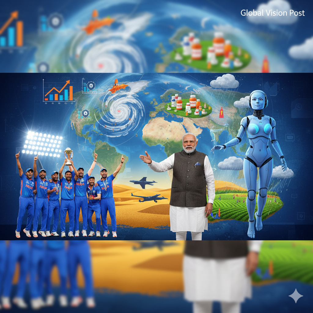Digital collage of PM Modi announcing Rajasthan projects Indian cricket team lifting Asia Cup trophy and ISRO Vyommitra robot against global map with business health and environment icons for September 25-29 2025 news digest