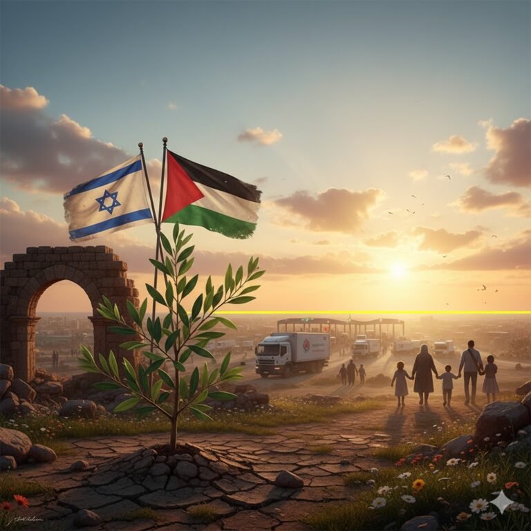 Symbolic dawn breaking over Gaza skyline on October 10 2025 with golden rays illuminating ancient ruins aid trucks at Rafah border olive branch intertwining faded Israeli and Palestinian flags distant ceasefire boundary and returning families evoking hope unity and renewal in Middle East peace process inspired by National Geographic and James Jean style
