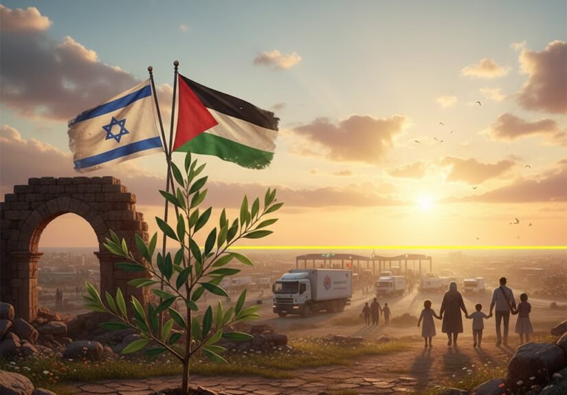 Symbolic dawn breaking over Gaza skyline on October 10 2025 with golden rays illuminating ancient ruins aid trucks at Rafah border olive branch intertwining faded Israeli and Palestinian flags distant ceasefire boundary and returning families evoking hope unity and renewal in Middle East peace process inspired by National Geographic and James Jean style