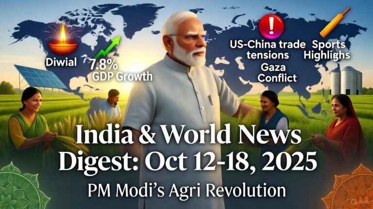 India and world news digest for October 12 to 18 2025 featuring PM Modi agri revolution with farmers harvesting crops Diwali celebrations GDP growth global trade tensions and sports highlights